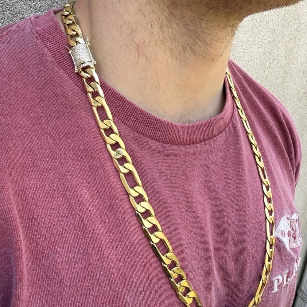 14k Gold Plated Steel 12mm Figaro Chain W. Iced CZ Clasp 30” Chain